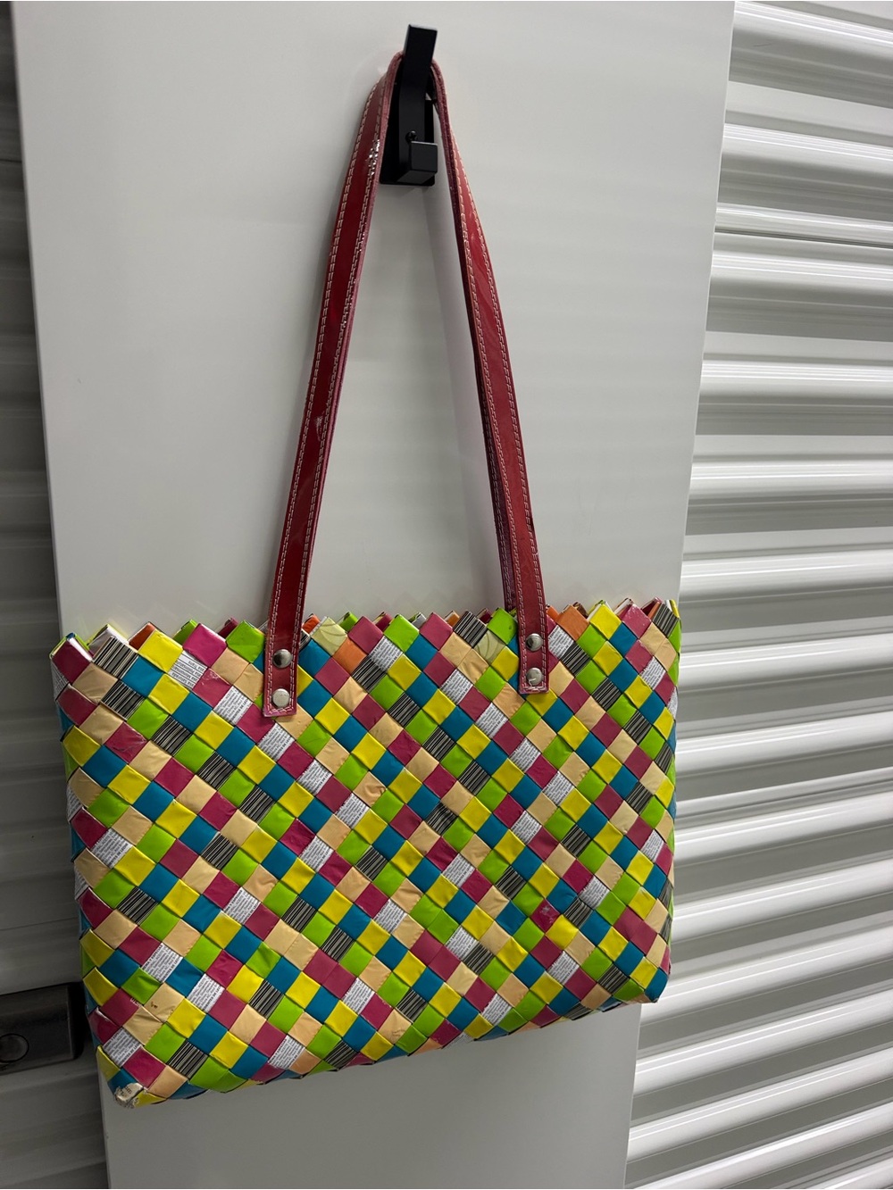 Nahui Ollin Multicolor Woven Tote with Red Handles